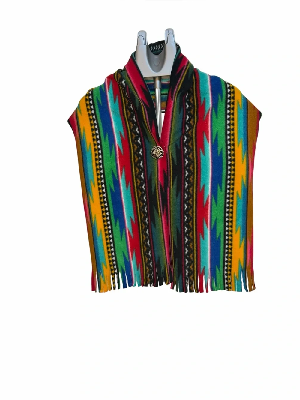 Southwestern Fleece Cape Vest Serape Print Fringe Poncho Shaw One S